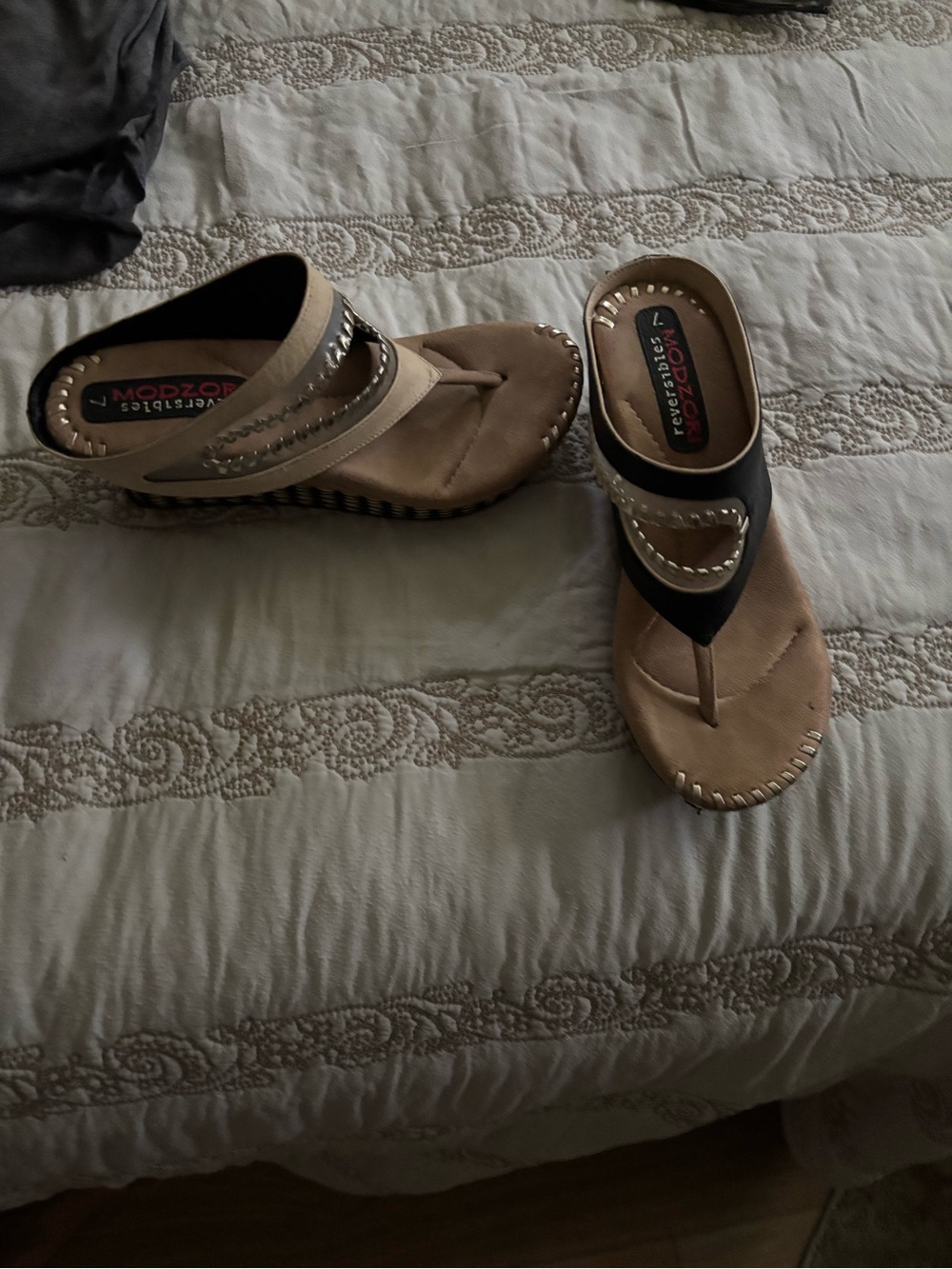 Casual Two-Tone Tan and Black Thong Wedge Sandals